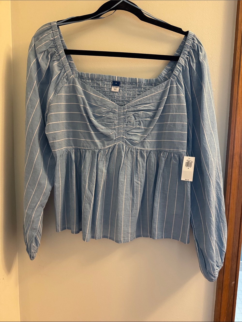 Old Navy Light Blue and White Striped Square Neck Peasant Top
